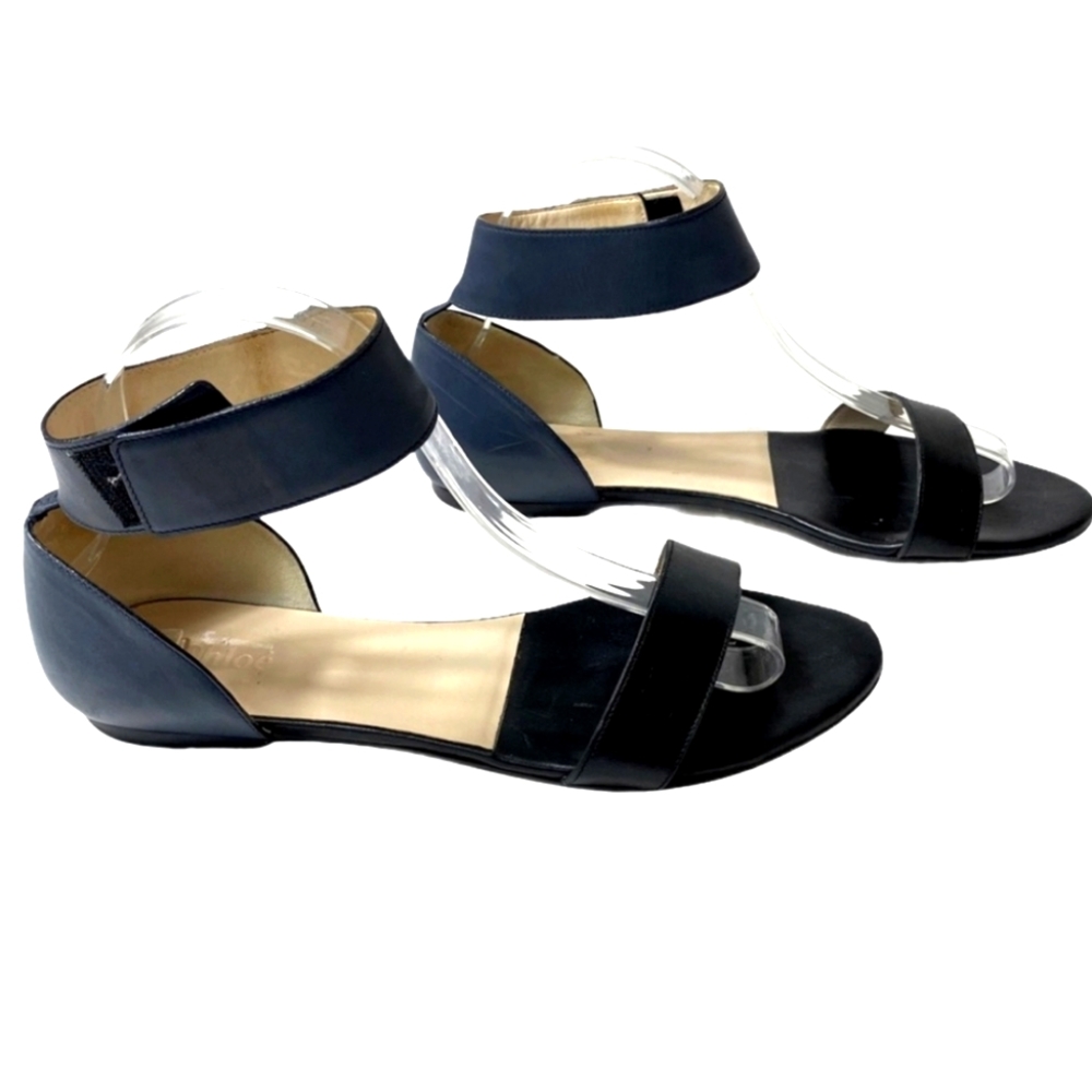 Chloe Gala Colorblock Ankle Flats Sandals Navy Black 39.5 9.5
